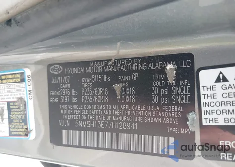 2007 Hyundai Santa Fe Limited/Se z USA, uszkodzony, nr VIN 5NMSH13E77H128941